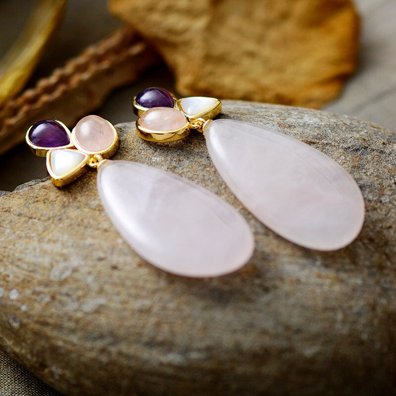 Boucles d'Oreilles Bonté et Amour en Quartz Rose