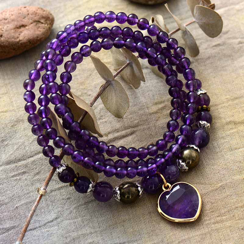 Collier et Bracelet Mala Coeur de Lilas en Améthyste