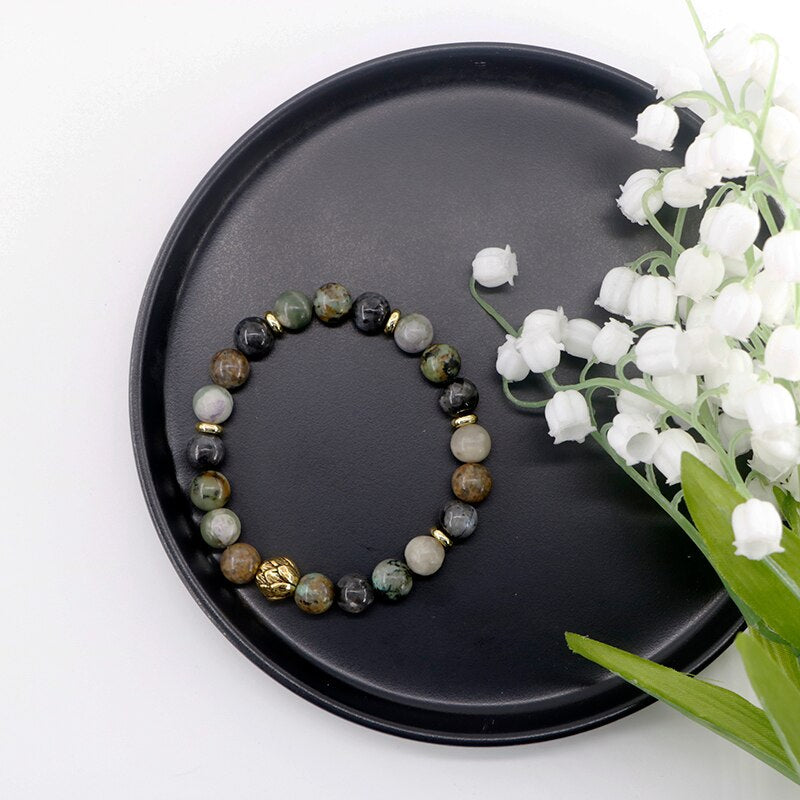 Set Mala Lotus en Turquoise Africaine, Labradorite Noire et Jaspe