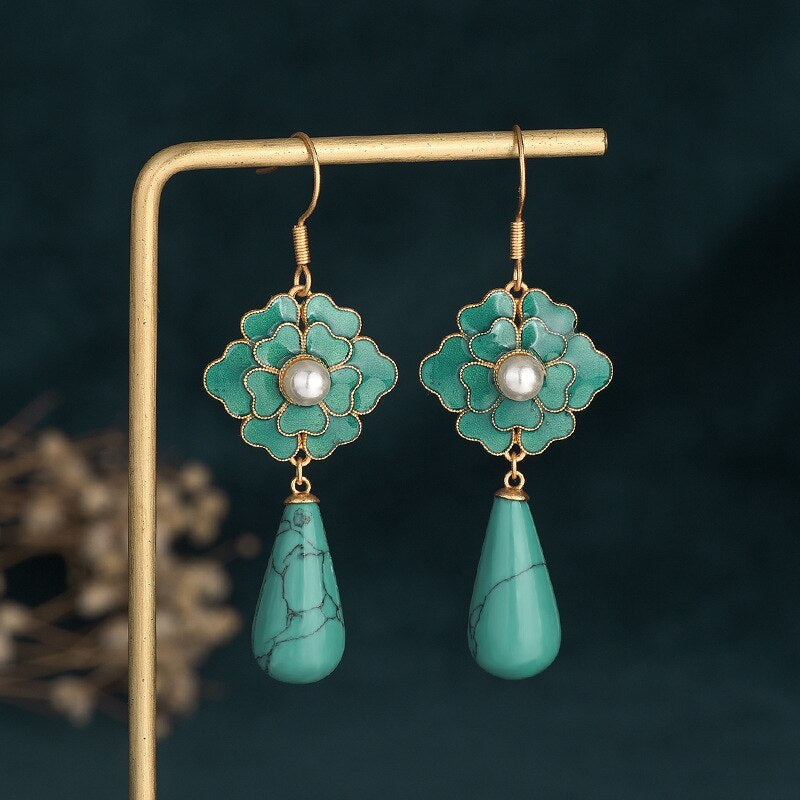 Boucles d'Oreilles Ornements en Turquoise Bleue