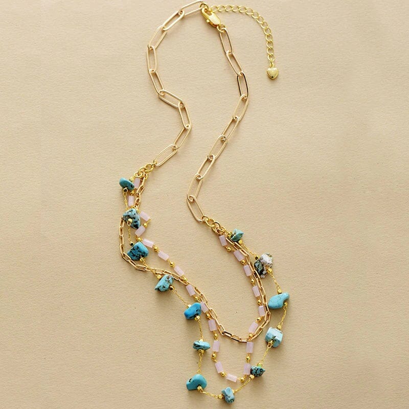 Collier Multicouches Douceur Amoureuse en Or, Turquoise et Quartz Rose