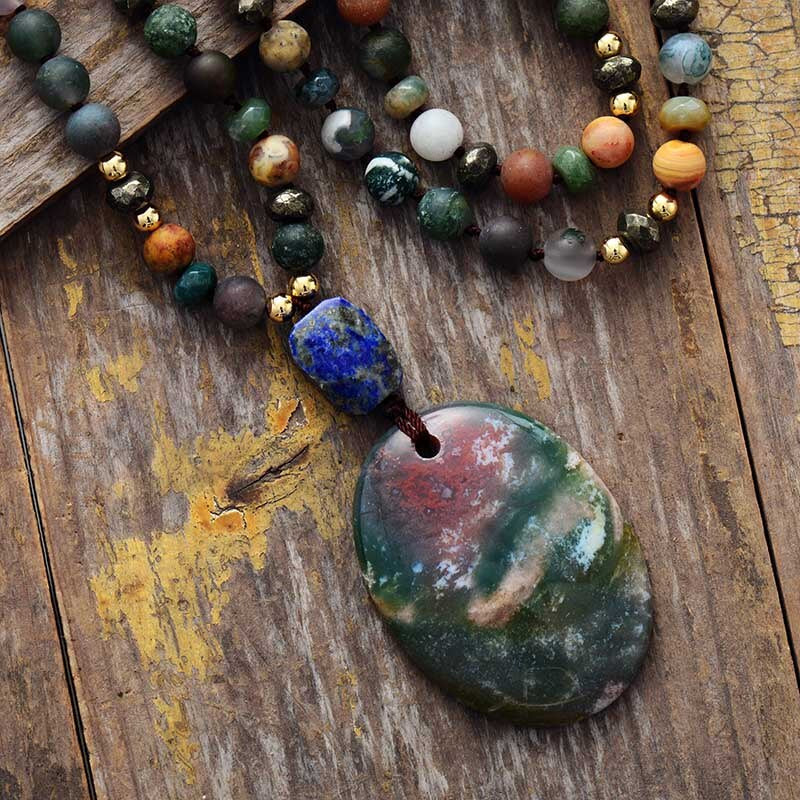 Collier Soutien Spirituel en Agate, Perles de Jaspe et Lapis-Lazuli