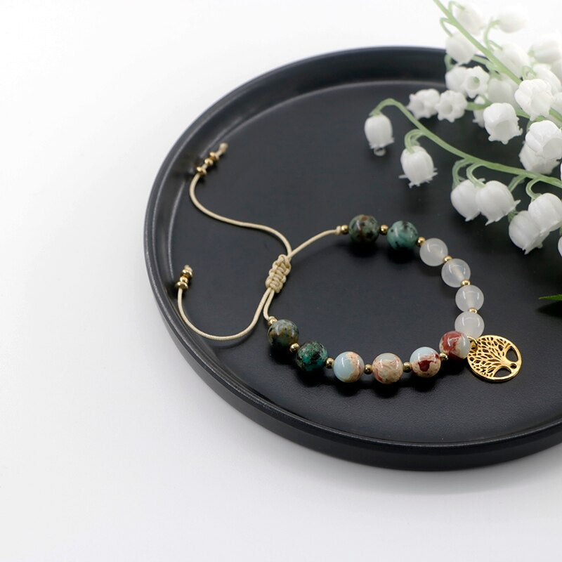 Ensemble Mala Arbre de Vie en Turquoise Africaine et Jade Shoushan et Blanc