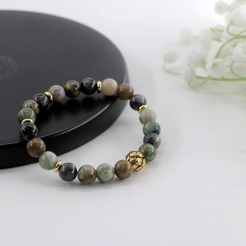 Set Mala Lotus en Turquoise Africaine, Labradorite Noire et Jaspe