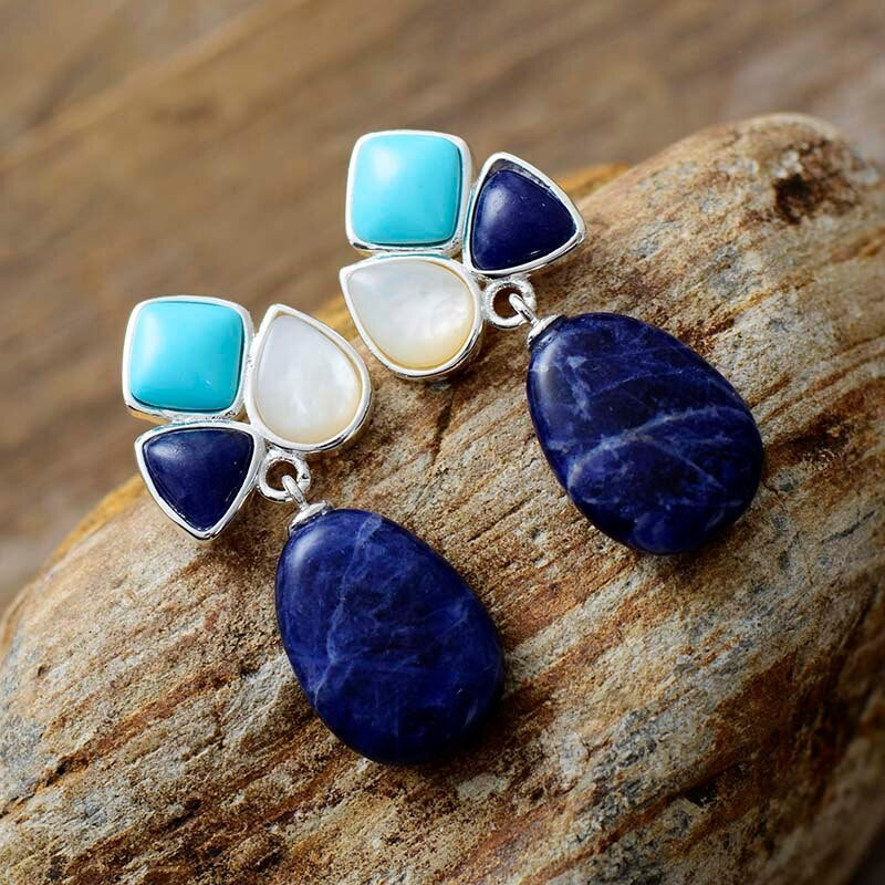 Boucles d'Oreilles en Sodalite et Quartz Rose "Récif de Corail"