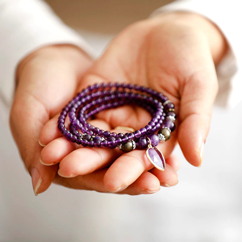 Collier et Bracelet Mala Coeur de Lilas en Améthyste