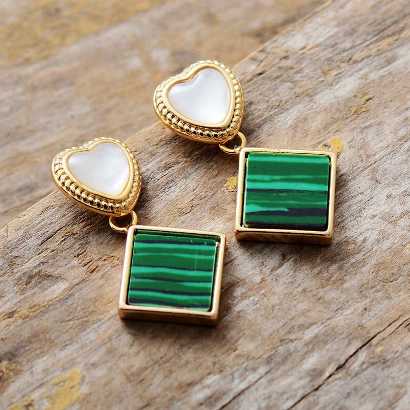 Boucles d'Oreilles Coeur de Beauté Sauvage en Malachite