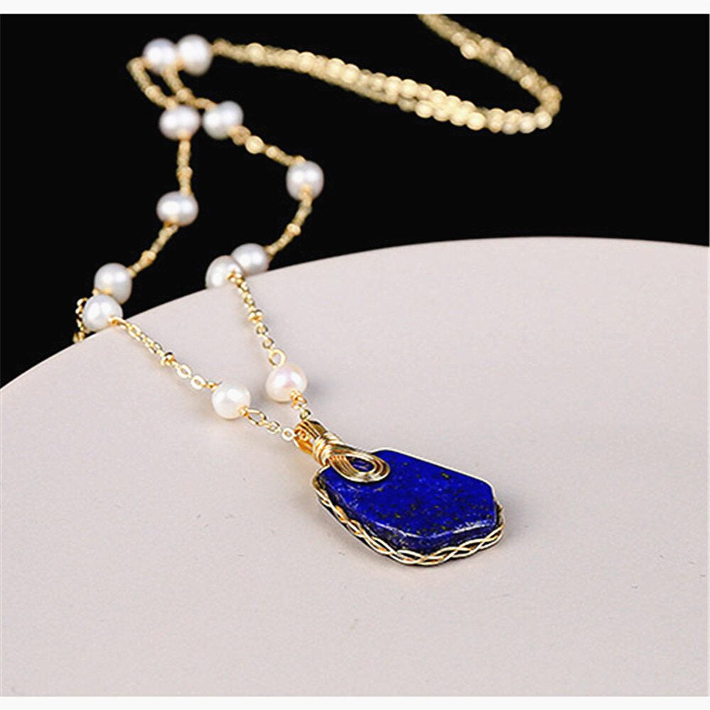 Pendentif Profondeurs Océaniques en Perles d'Eau Douce et Lapis-Lazuli