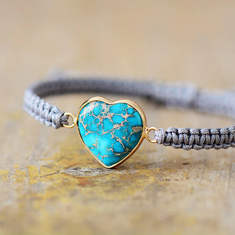 Bracelet Macramé "Je Vous Aime" en Turquoise et Jaspe