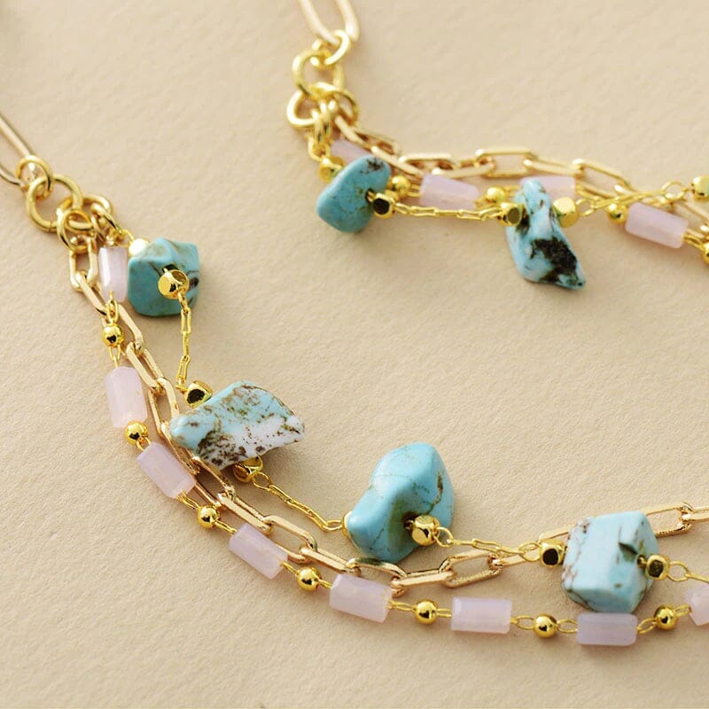 Collier Multicouches Douceur Amoureuse en Or, Turquoise et Quartz Rose