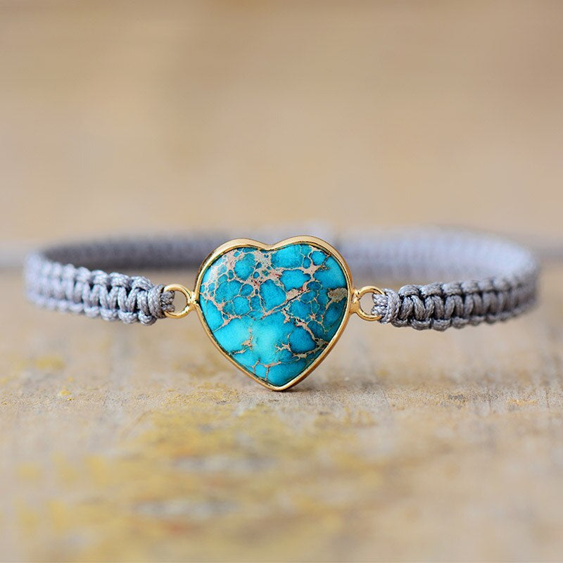 Bracelet Macramé "Je Vous Aime" en Turquoise et Jaspe