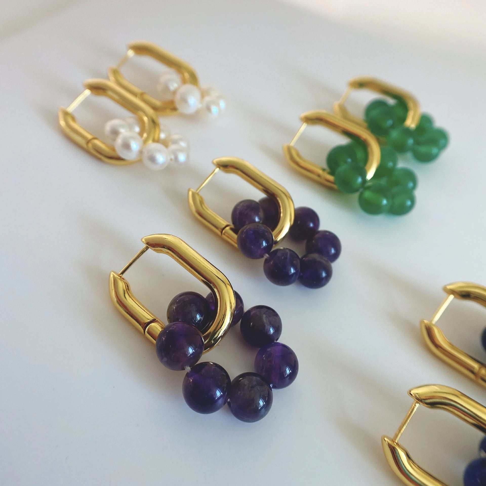 Boucles d'Oreilles en Calcédoine, Perles, Améthyste et Lapis-Lazuli