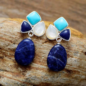 Boucles d'Oreilles en Sodalite et Quartz Rose "Récif de Corail"