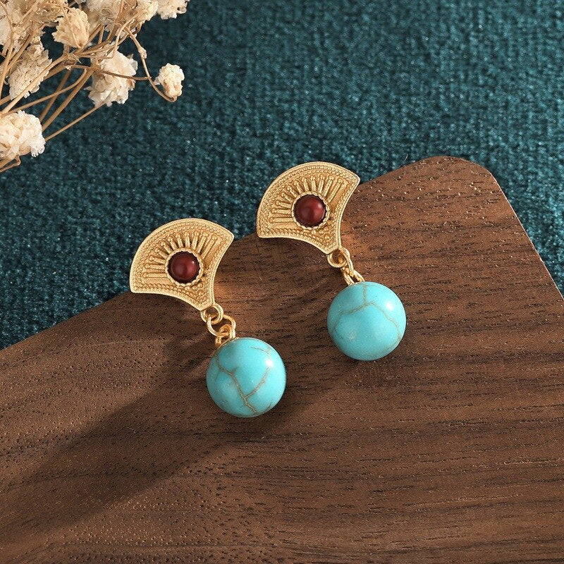 Boucles d'Oreilles Ornements en Turquoise Bleue