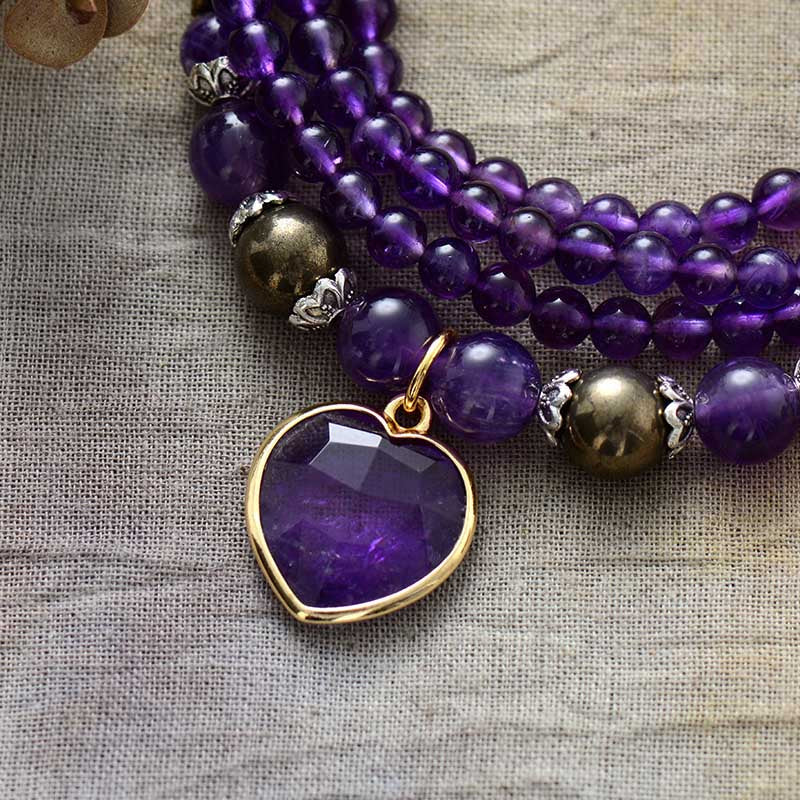 Collier et Bracelet Mala Coeur de Lilas en Améthyste