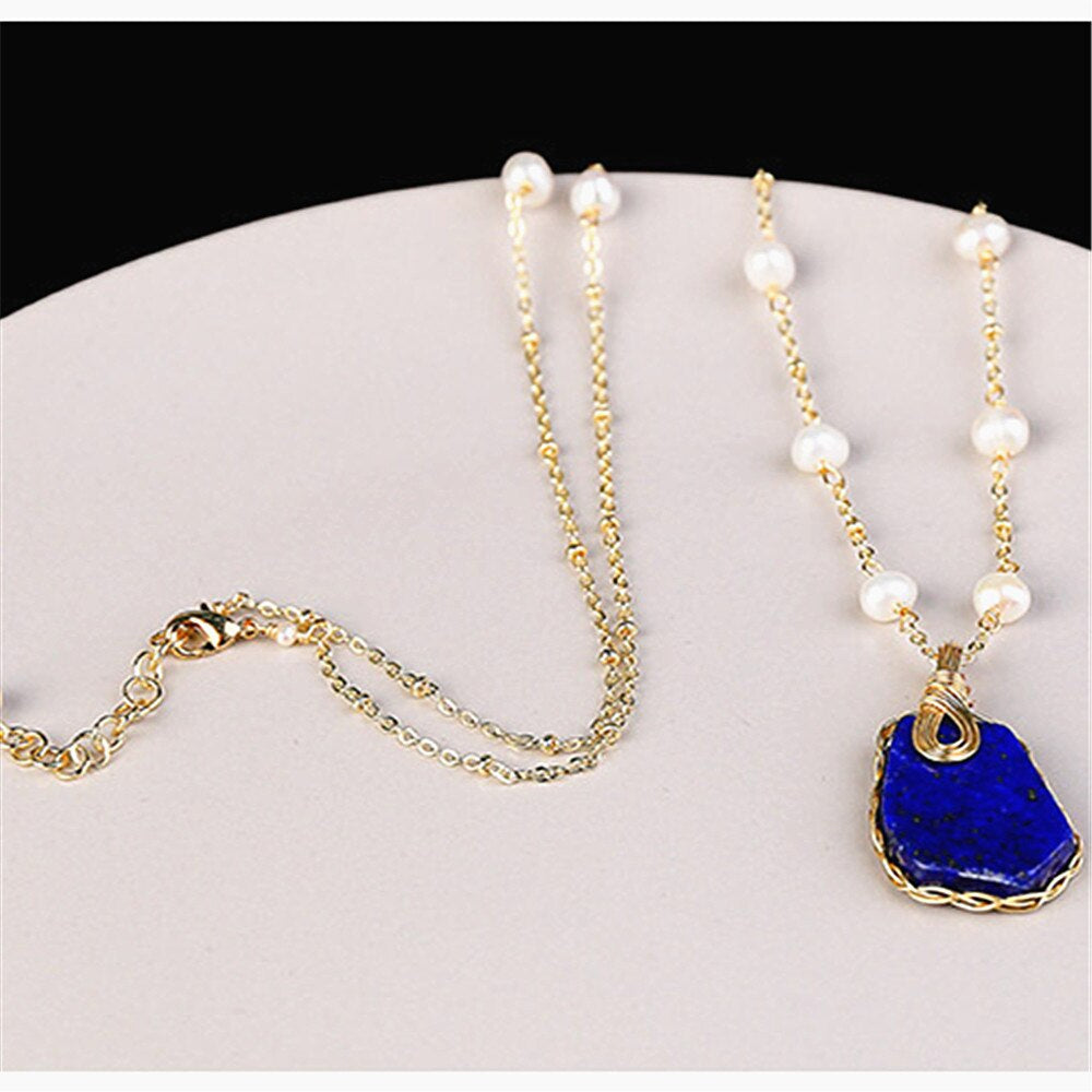 Pendentif Profondeurs Océaniques en Perles d'Eau Douce et Lapis-Lazuli