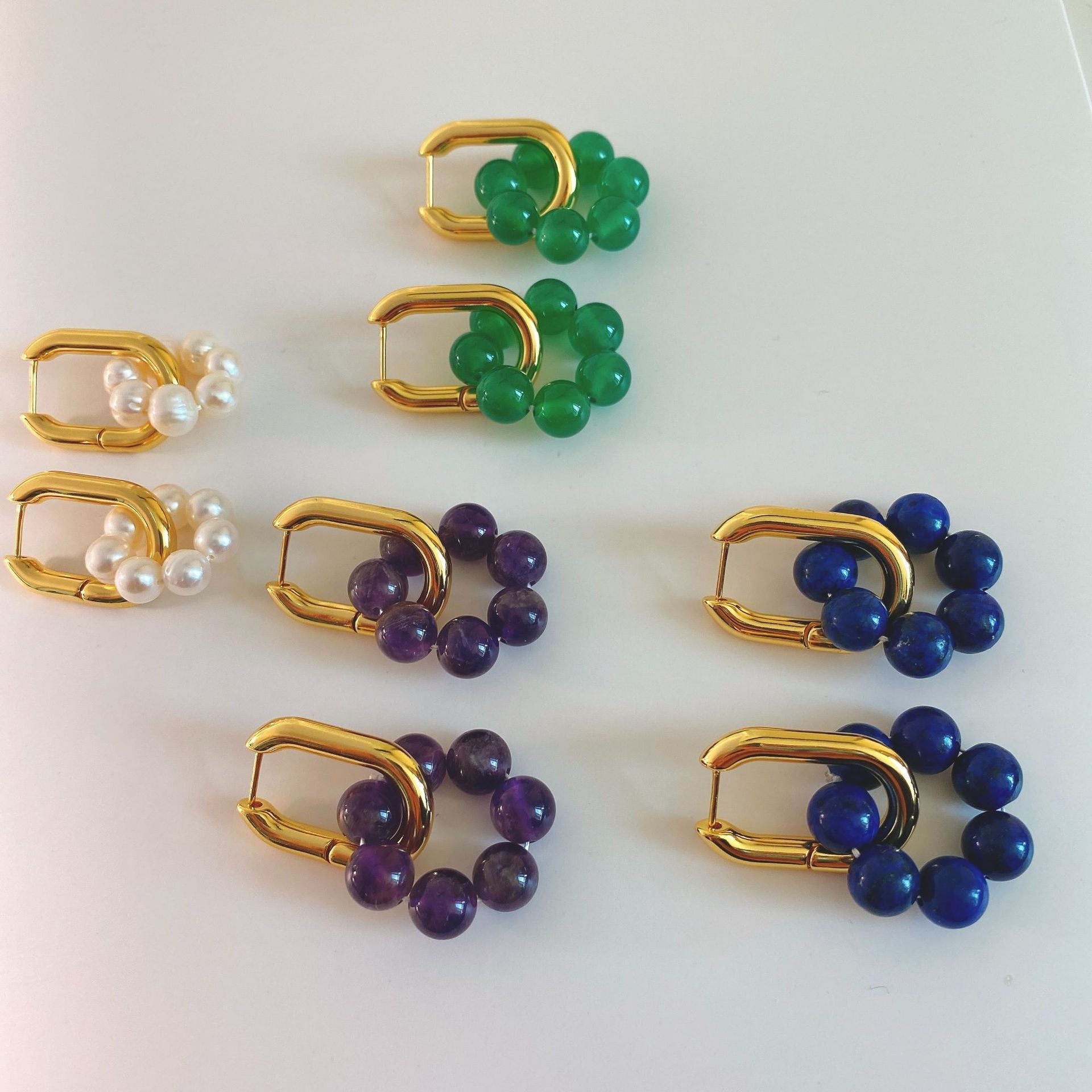 Boucles d'Oreilles en Calcédoine, Perles, Améthyste et Lapis-Lazuli