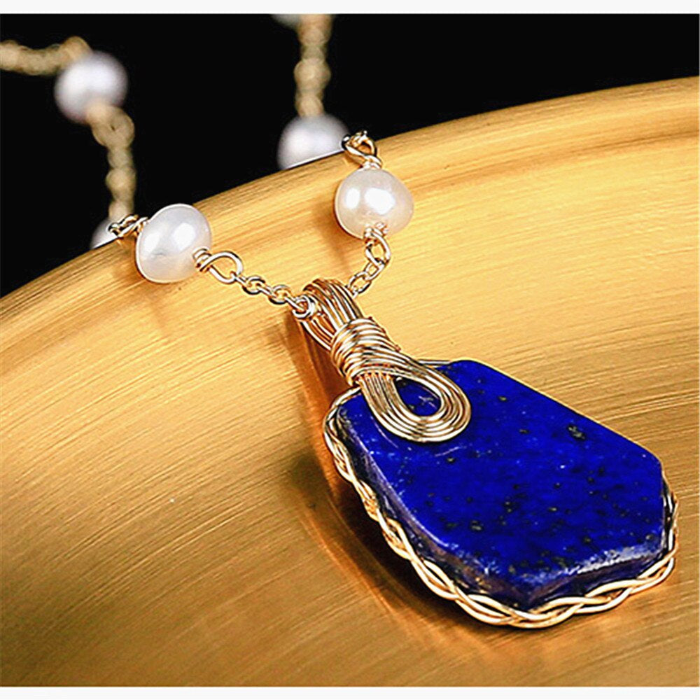 Pendentif Profondeurs Océaniques en Perles d'Eau Douce et Lapis-Lazuli