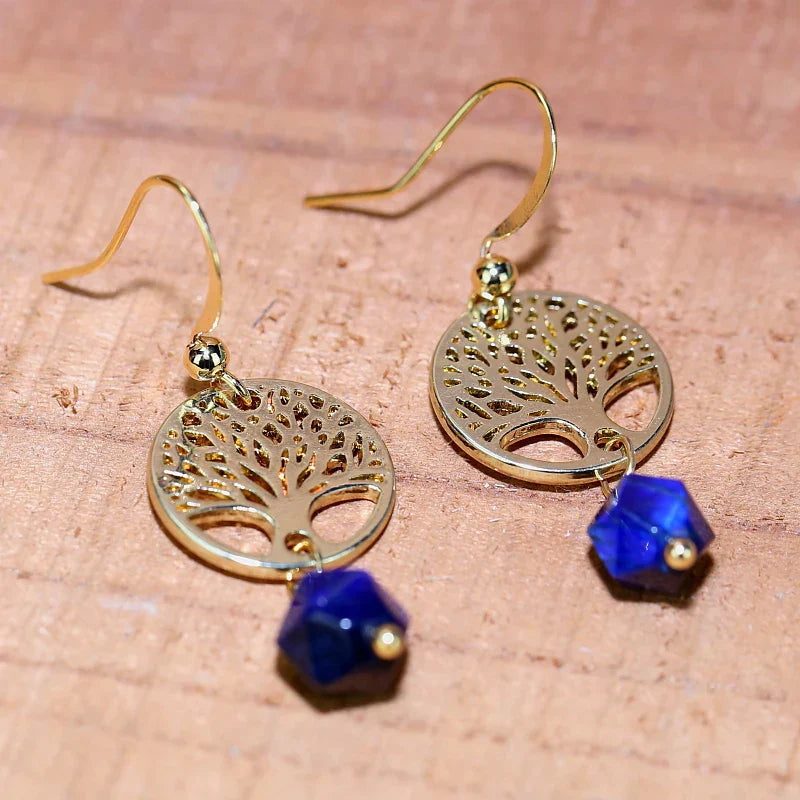 Boucles d'Oreilles Arbre de Vie Mystique Sagesse en Améthyste & Lapis-Lazuli