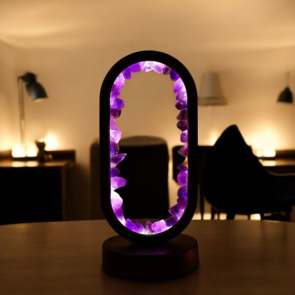 Équilibre Sacré – Lampe Cristal Noire en Améthyste pour la Sérénité