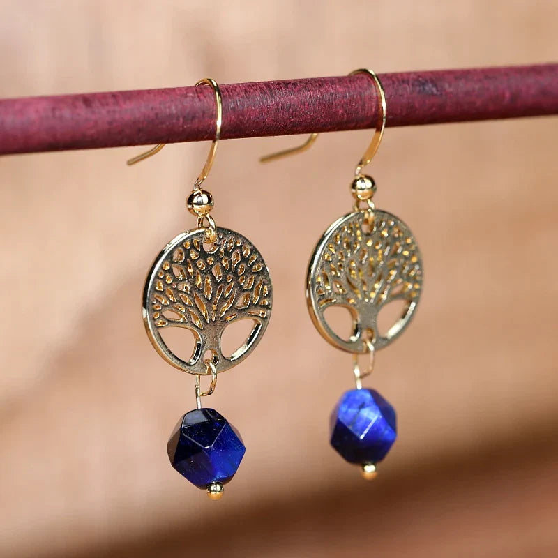 Boucles d'Oreilles Arbre de Vie Mystique Sagesse en Améthyste & Lapis-Lazuli