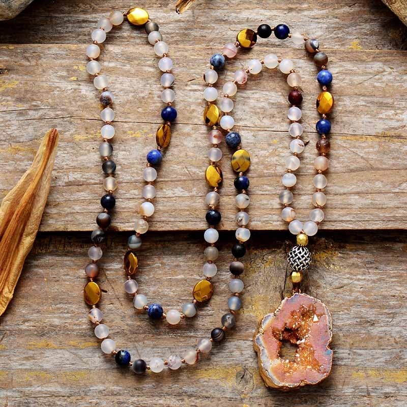 Collier en Druse d'Agate, Onyx et Rhodonite "Gourou Spirituel"