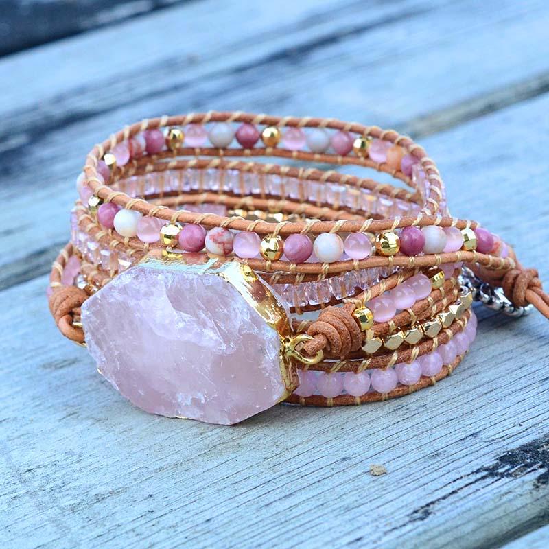 Bracelet Doré en Quartz Rose