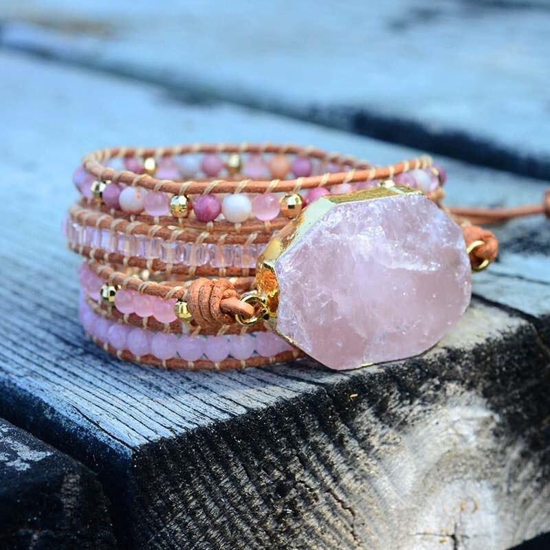 Bracelet Doré en Quartz Rose