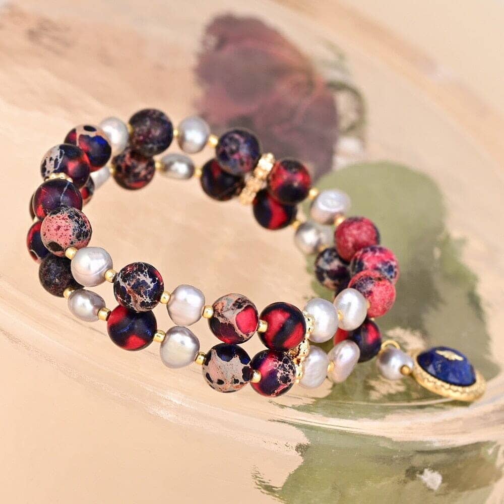 Bracelet Multi-Rangs Solaire en Lapis-Lazuli & Jaspe Rouge