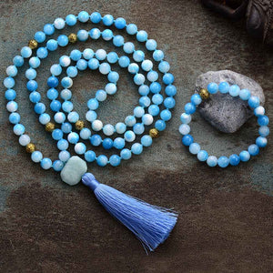 Ensemble de Bracelet et Collier Mala Merveille en Jade Bleu