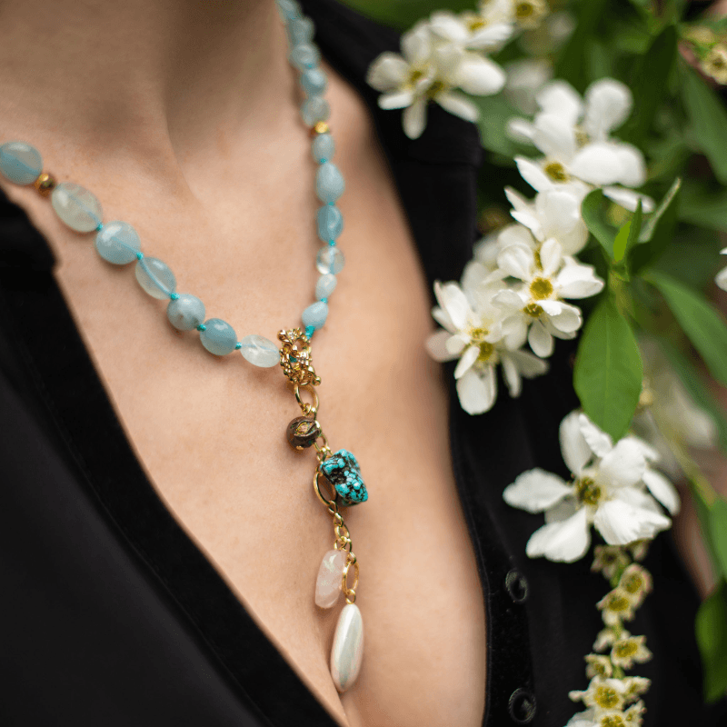 Collier Mala en Aigue-Marine et Turquoise Force Céleste