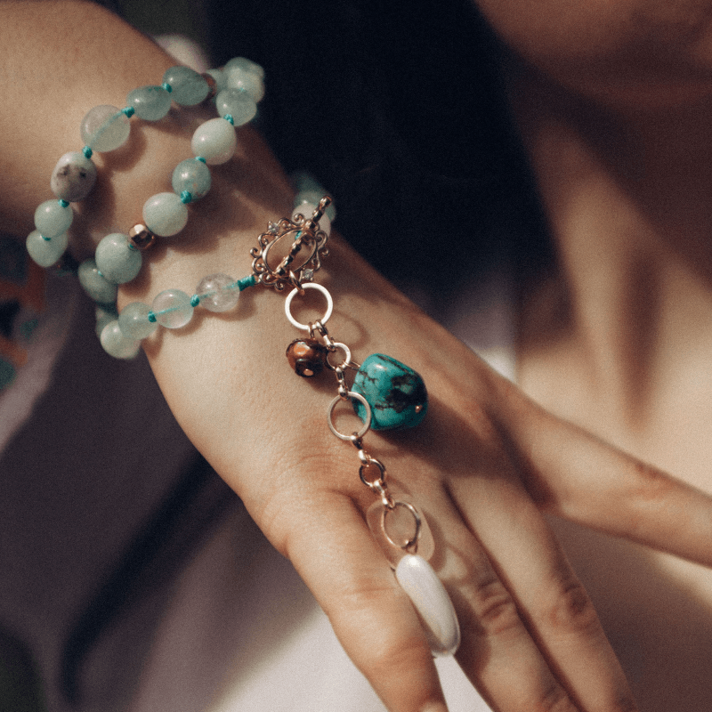 Collier Mala en Aigue-Marine et Turquoise Force Céleste