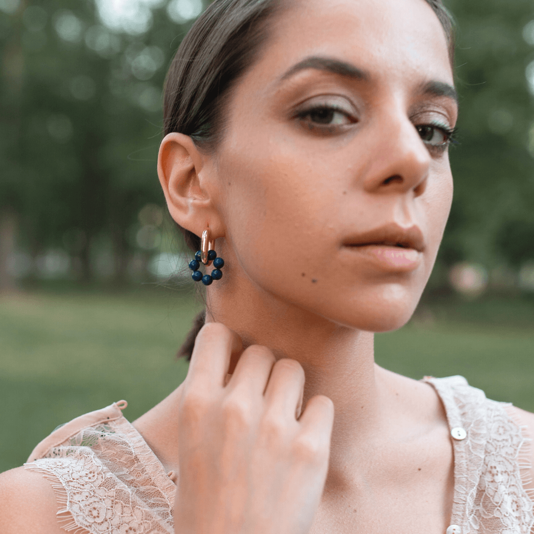 Boucles d'Oreilles en Calcédoine, Perles, Améthyste et Lapis-Lazuli