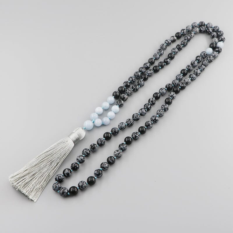 Collier Mala Transformation Apaisante en Obsidienne Neige et Aiguë-Marine