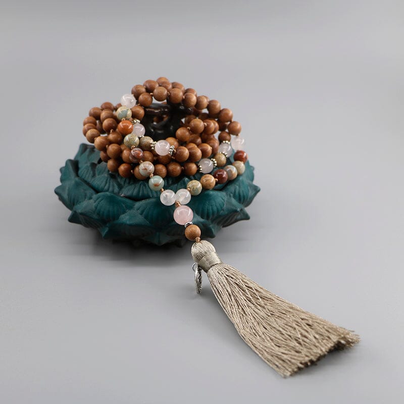 Collier Mala Sacré en Pierre Peau de Serpent, Bois de Santal et Quartz Rose