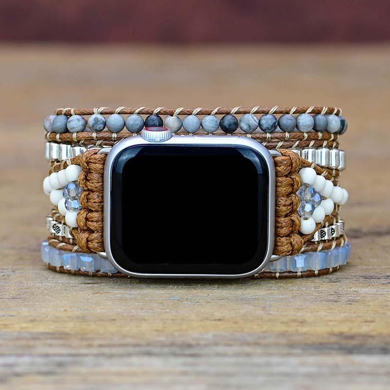 Bracelet d'Apple Watch en Pierres Précieuses Grises et Blanches