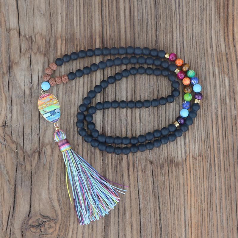 Collier Mala Chakras Noir Mat et Arc-en-Ciel