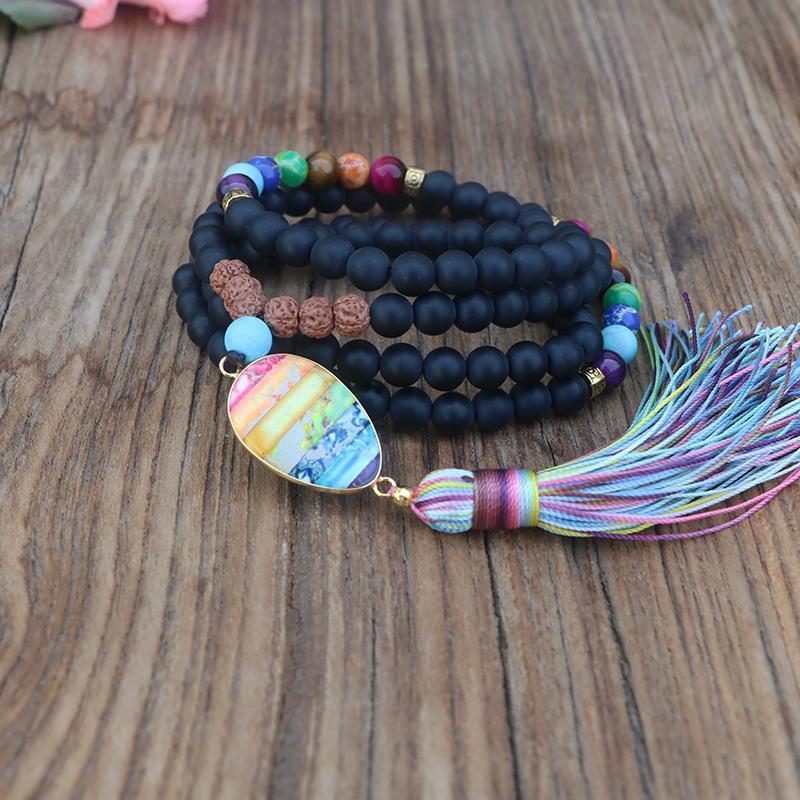 Collier Mala Chakras Noir Mat et Arc-en-Ciel