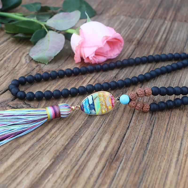 Collier Mala Chakras Noir Mat et Arc-en-Ciel