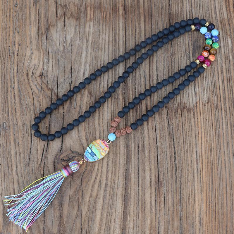 Collier Mala Chakras Noir Mat et Arc-en-Ciel