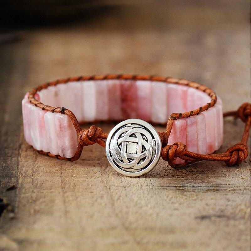 Bracelet Bohéme en Opale Rose et Cuir