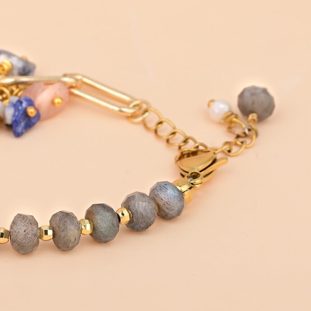 Bracelet Dorée en Labradorite Bleue et Pierre de Soleil "Harmonie Céleste"