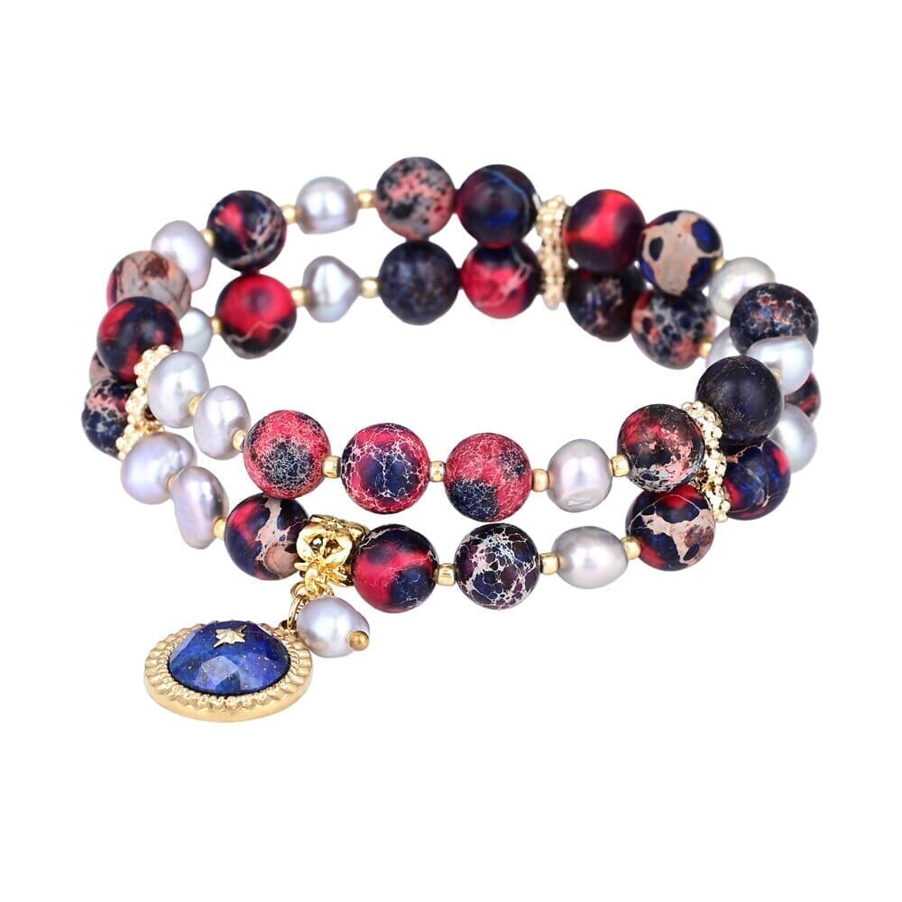 Bracelet Multi-Rangs Solaire en Lapis-Lazuli & Jaspe Rouge