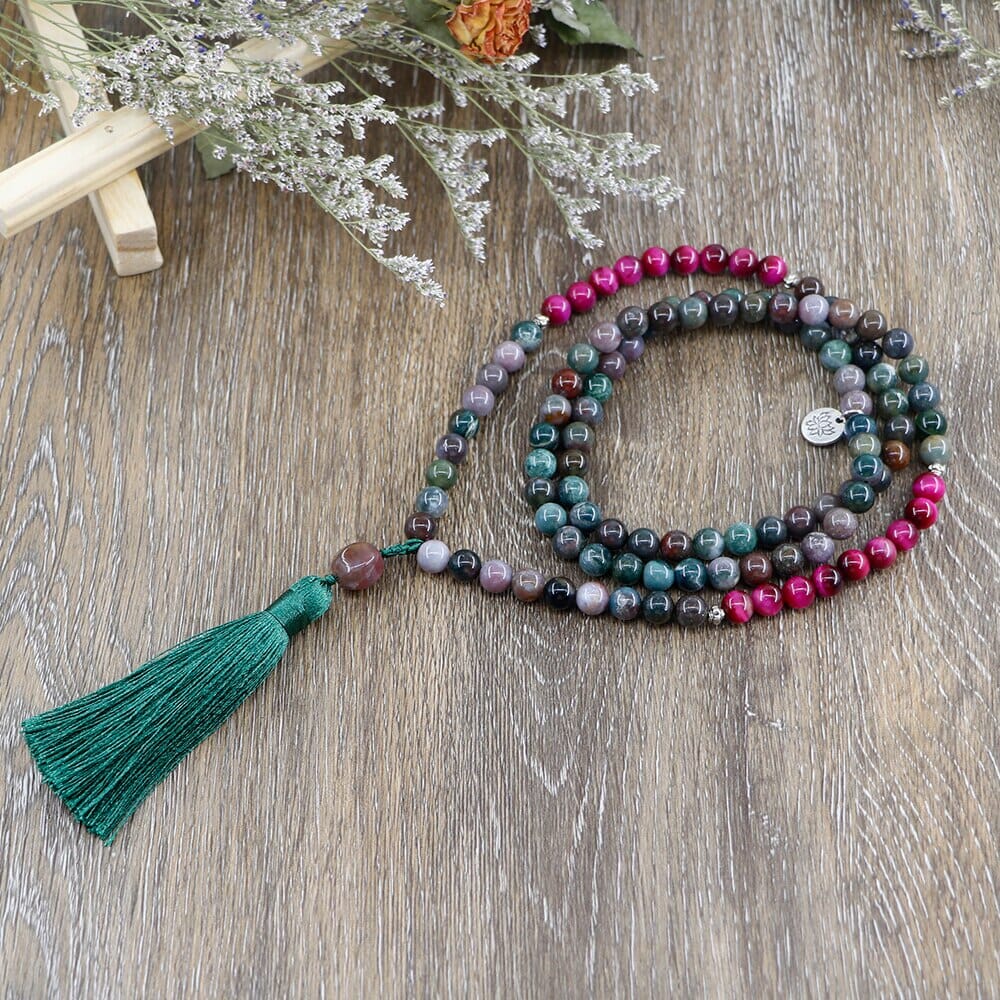 Collier Mala Équilibre Spirituel en Pierre Oeil de Tigre et Agate Indienne