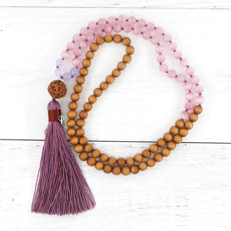 Collier Mala Douceur Sucrée en Opale Rose et Bois de Santal