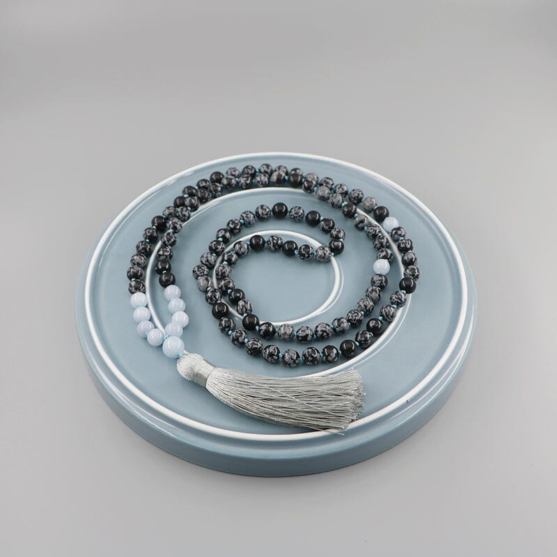 Collier Mala Transformation Apaisante en Obsidienne Neige et Aiguë-Marine