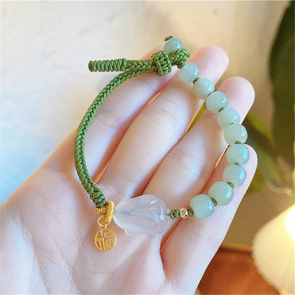 Bracelet Lapin Chance Abondante en Quartz Fraise et Jade Vert