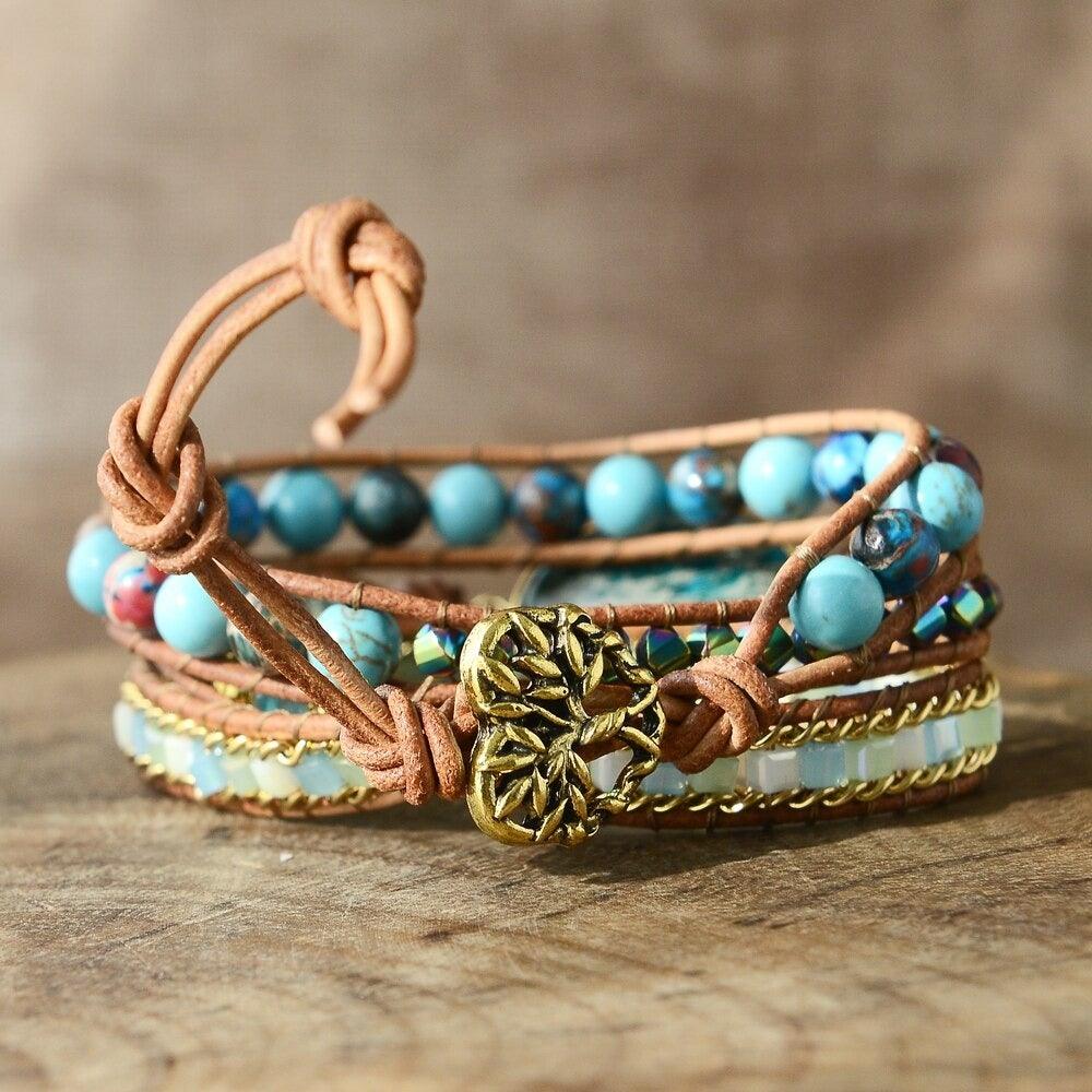 Bracelet en Cuir et Pierres Naturelles Sérénité Aquatique