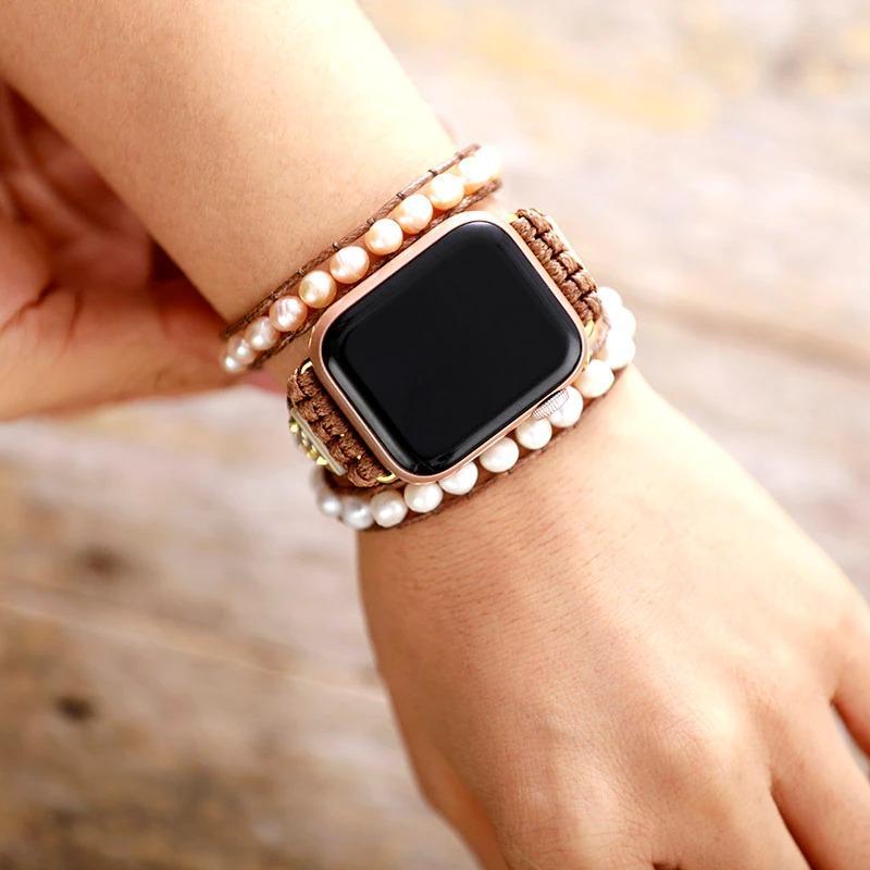 Bracelet de Protection d'Apple Watch en Perles d'Eau Douce et Pierres Précieuses