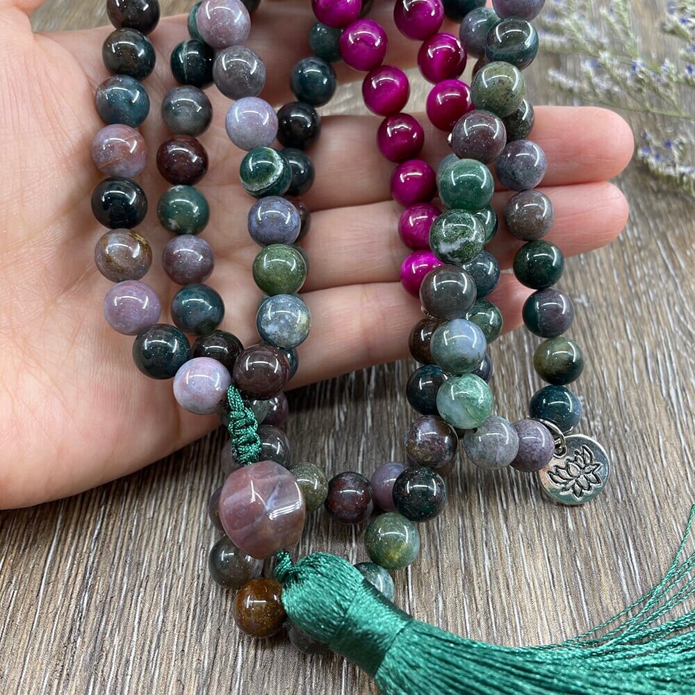 Collier Mala Équilibre Spirituel en Pierre Oeil de Tigre et Agate Indienne